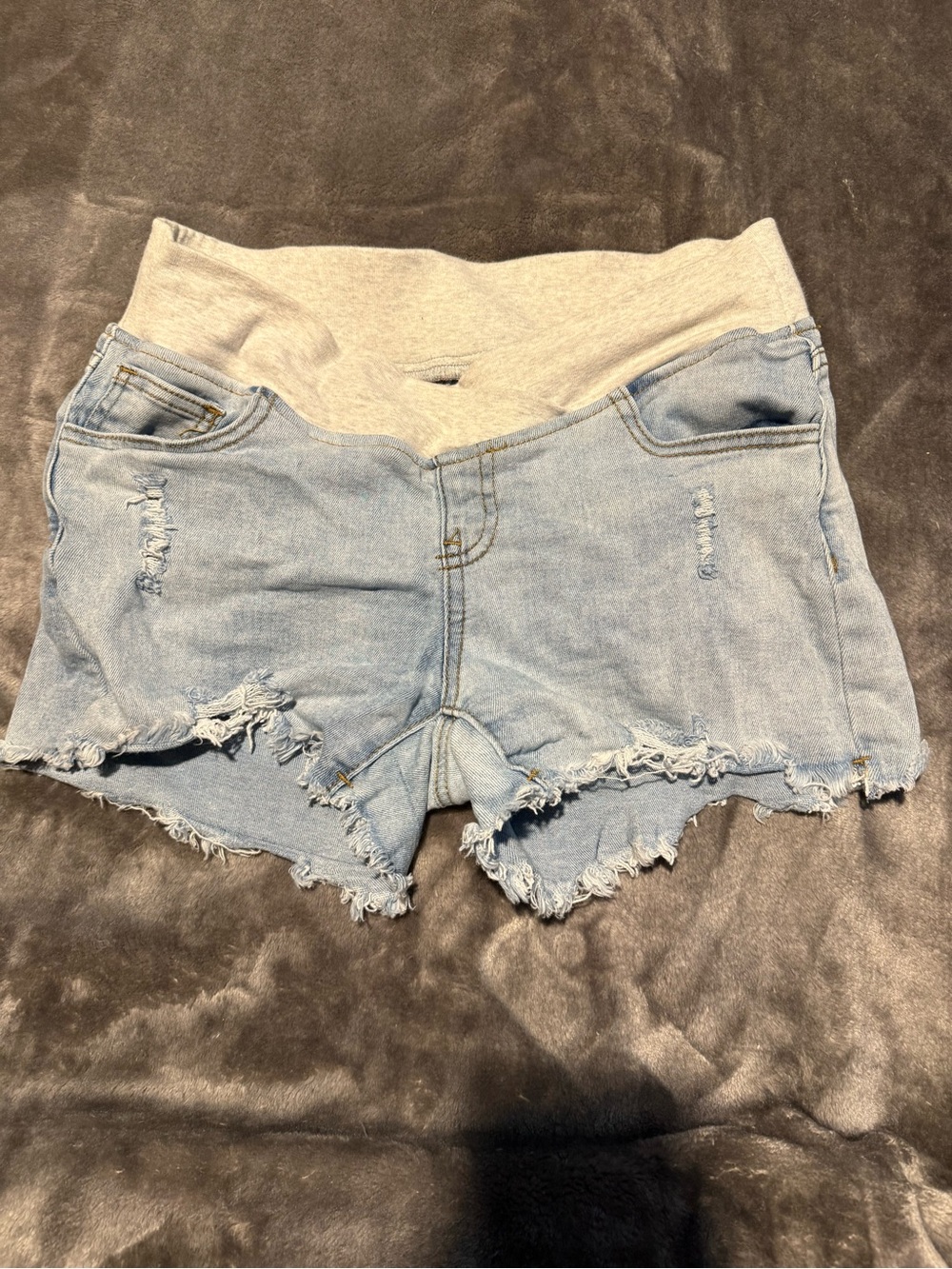 Maternity Light Blue Distressed Denim Shorts with Heather Gray Waistband